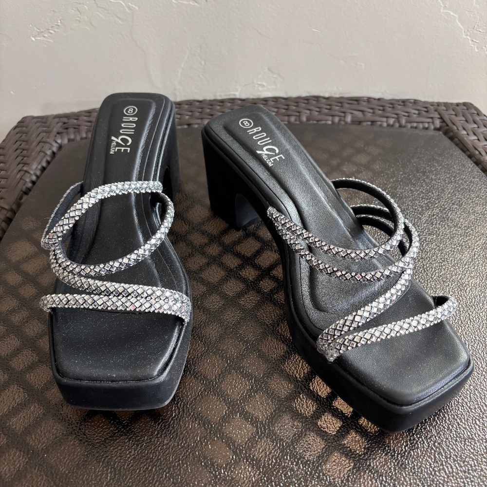 Rouge Helium Platform Heeled Slide Sandals Rhinestone Embellished Straps Size 8